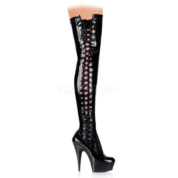 High Heel Overknee Plateau Lackstiefel Delight-3050 schwarz, Stretchlack, Schnürung seitlich und Reißverschluss